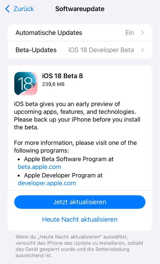 北镇苹果手机维修分享苹果 iOS / iPadOS 18 开发者预览版 Beta 8 发布 